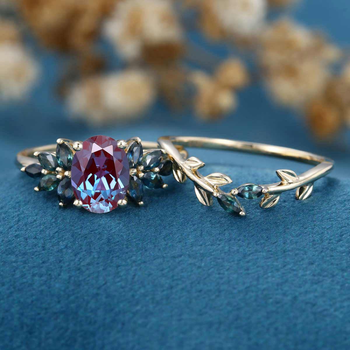Oval cut Alexandrite Cluster Engagement Ring Bridal Set