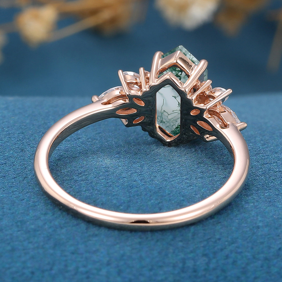 Long Hexagon Cut Natural Green Moss Agate Cluster Engagement Ring
