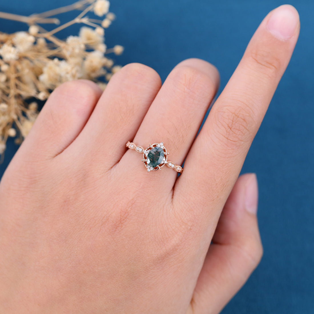 Oval cut Moss Agate Matching Moissanite | Diamonds Gold Engagement Ring