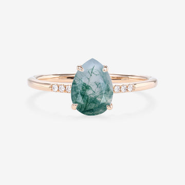 Natural Green Moss Agate pear cut cluster Engagement Ring