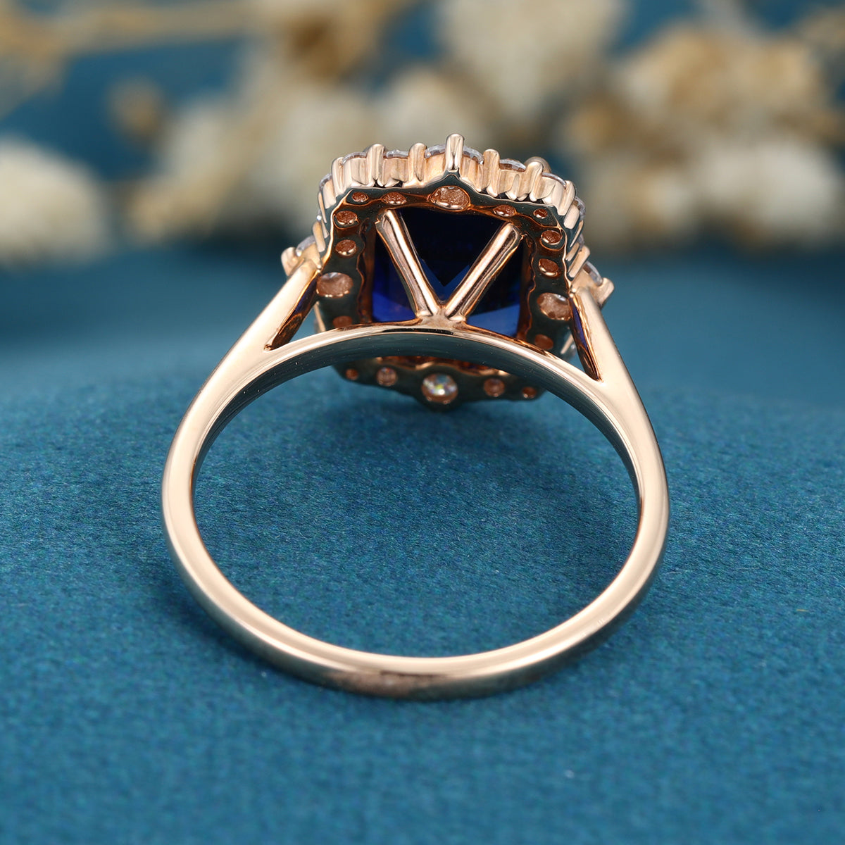 Emerald cut Lab Blue Sapphire Solid Gold Engagement Ring