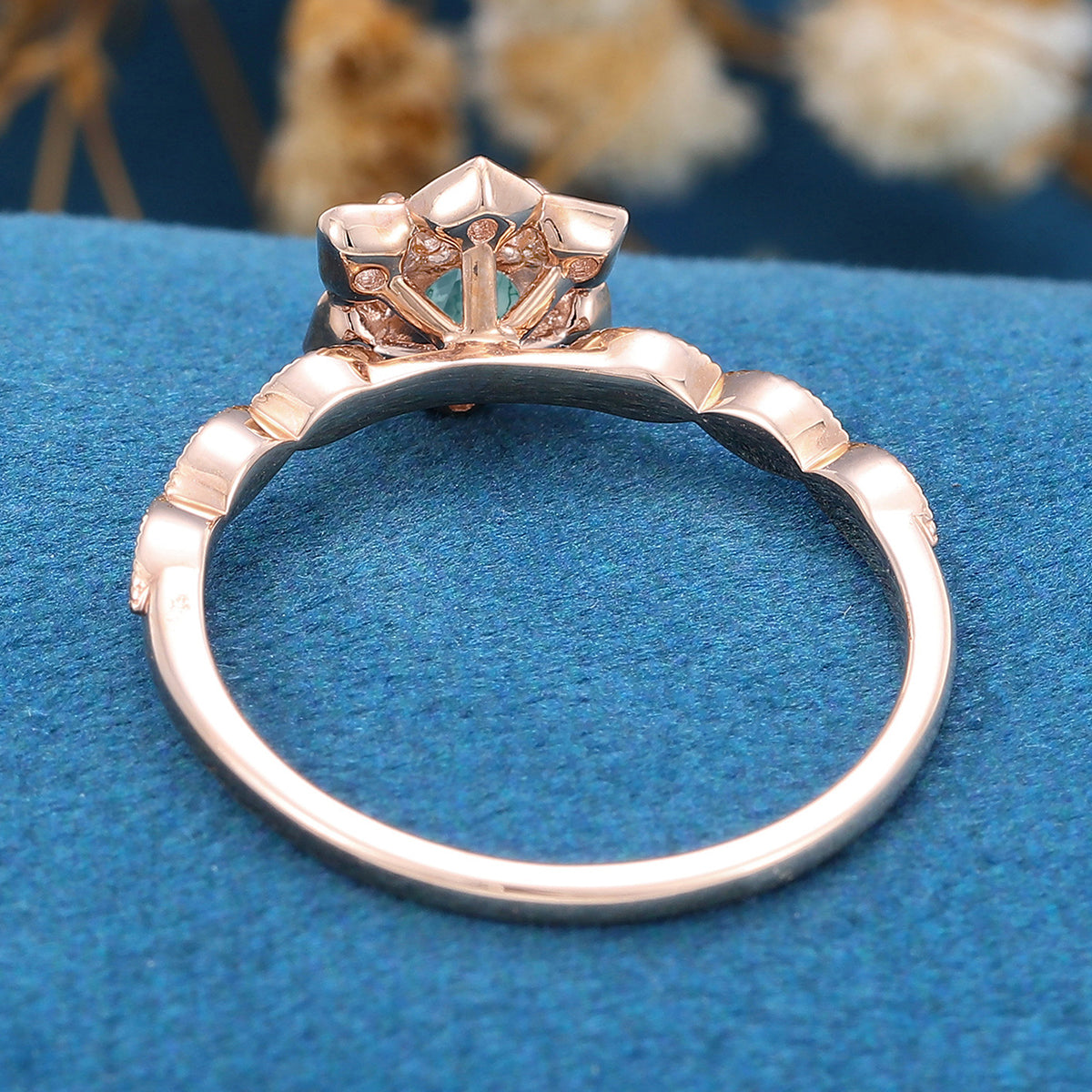 Round Cut Natural Green Moss Agate Flower Engagement Ring