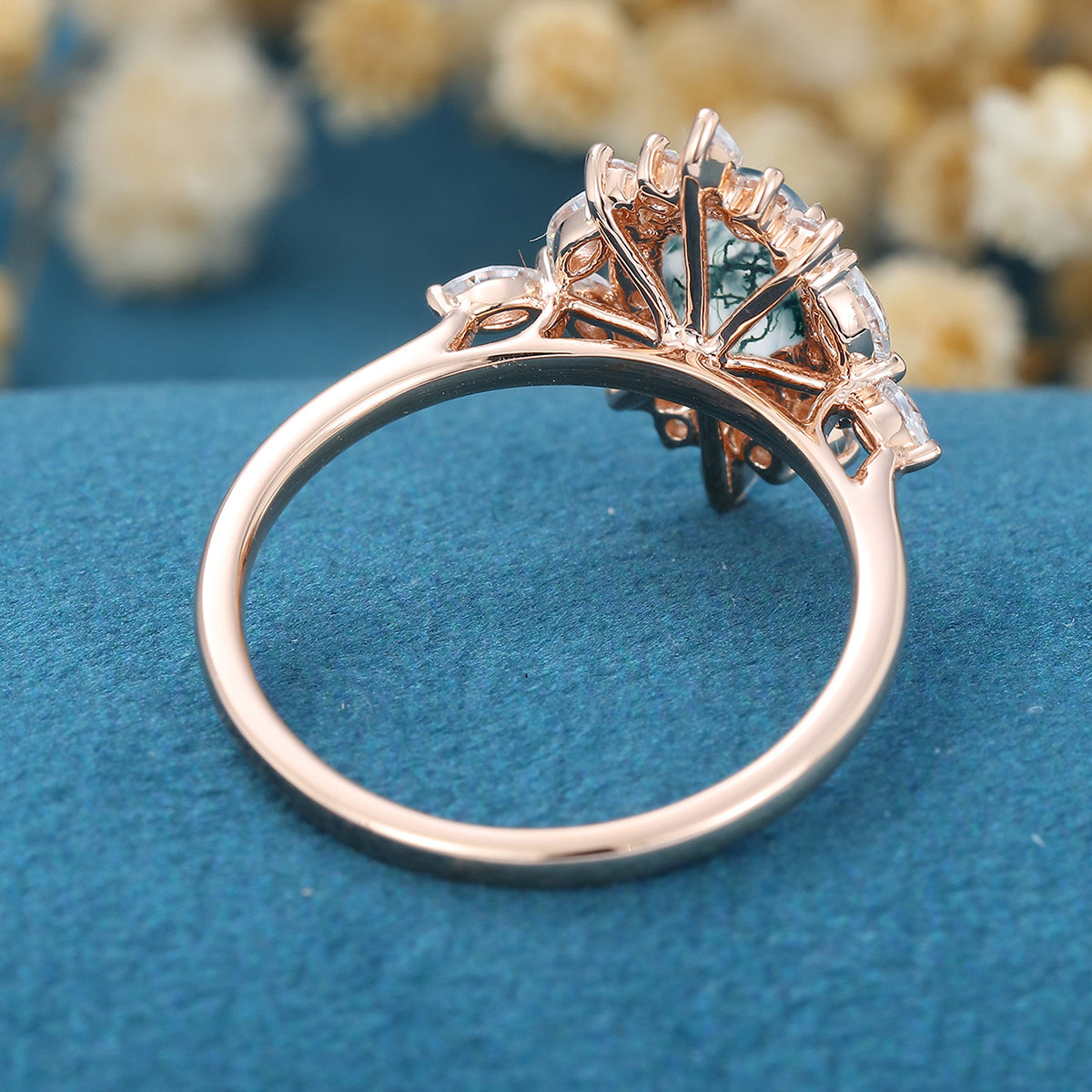 Oval Cut Natural Green Moss Agate Cluster Engagement Ring