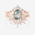 Natural Green Moss Agate 3PCS Oval cut Engagement rings Bridal Sets