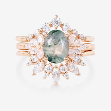 Natural Green Moss Agate 3PCS Oval cut Engagement rings Bridal Sets