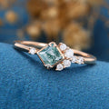 Princess Square  Cut Natural Green Moss Agate Cluster Engagement Ring