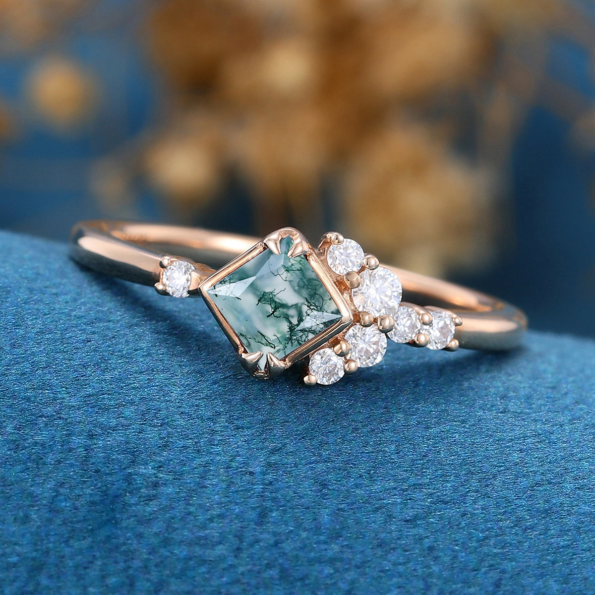 Princess Square  Cut Natural Green Moss Agate Cluster Engagement Ring