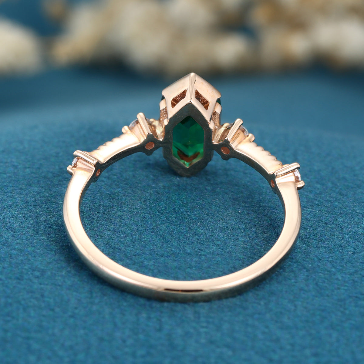 Bezel setting Hexagon cut Lab grown Emerald Solid Gold Engagement Ring