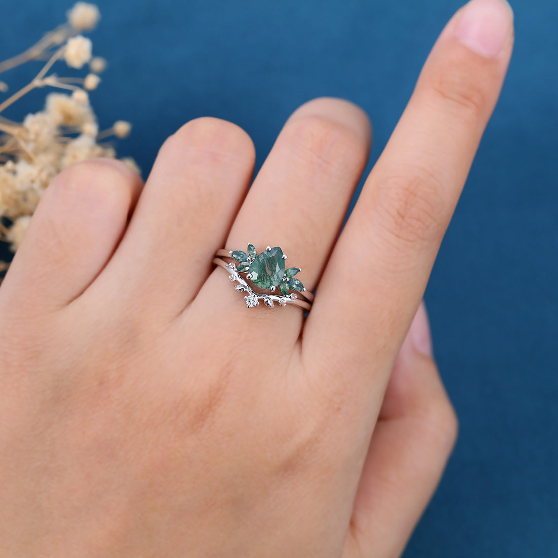 Pear Cut Moss Agate Matching Moissanite | Diamonds Gold Bridal Set