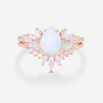 Pear cut Opal Cluster Engagement ring Bridal Set
