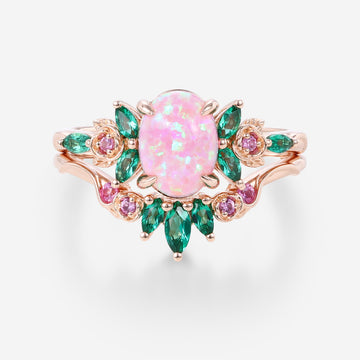 Oval cut Lab Pink Opal Rose Gold Matching Lab Grown Emerald |  Natural Pink Sapphires  Rose Gold Wedding Bridal Set