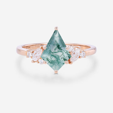Kite Cut Natural Green Moss Agate Cluster Engagement Ring