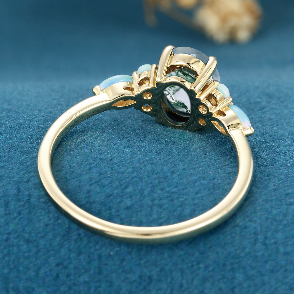 Natural Green Moss Agate Oval cut cluster Engagement Ring