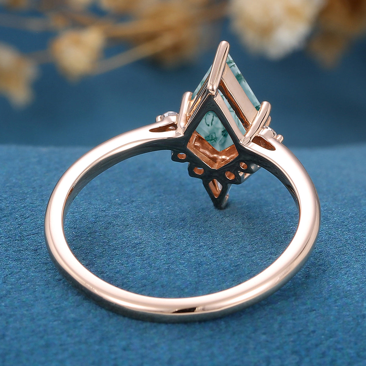 Kite Cut Natural Green Moss Agate Cluster Engagement Ring