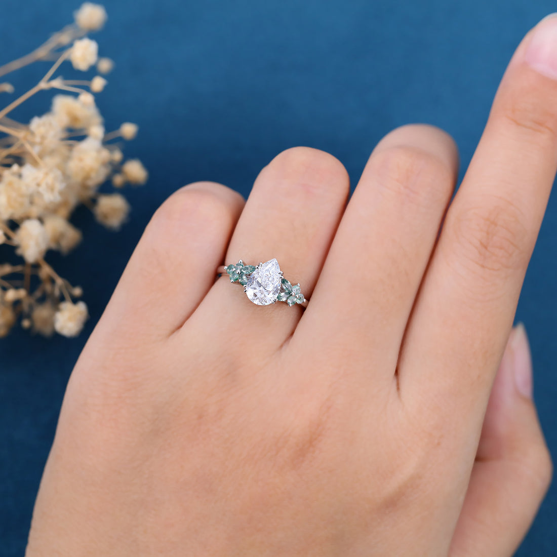 1.2Carat Pear Cut Lab grown diamond Matching Moss Agate Cluster Engagement ring