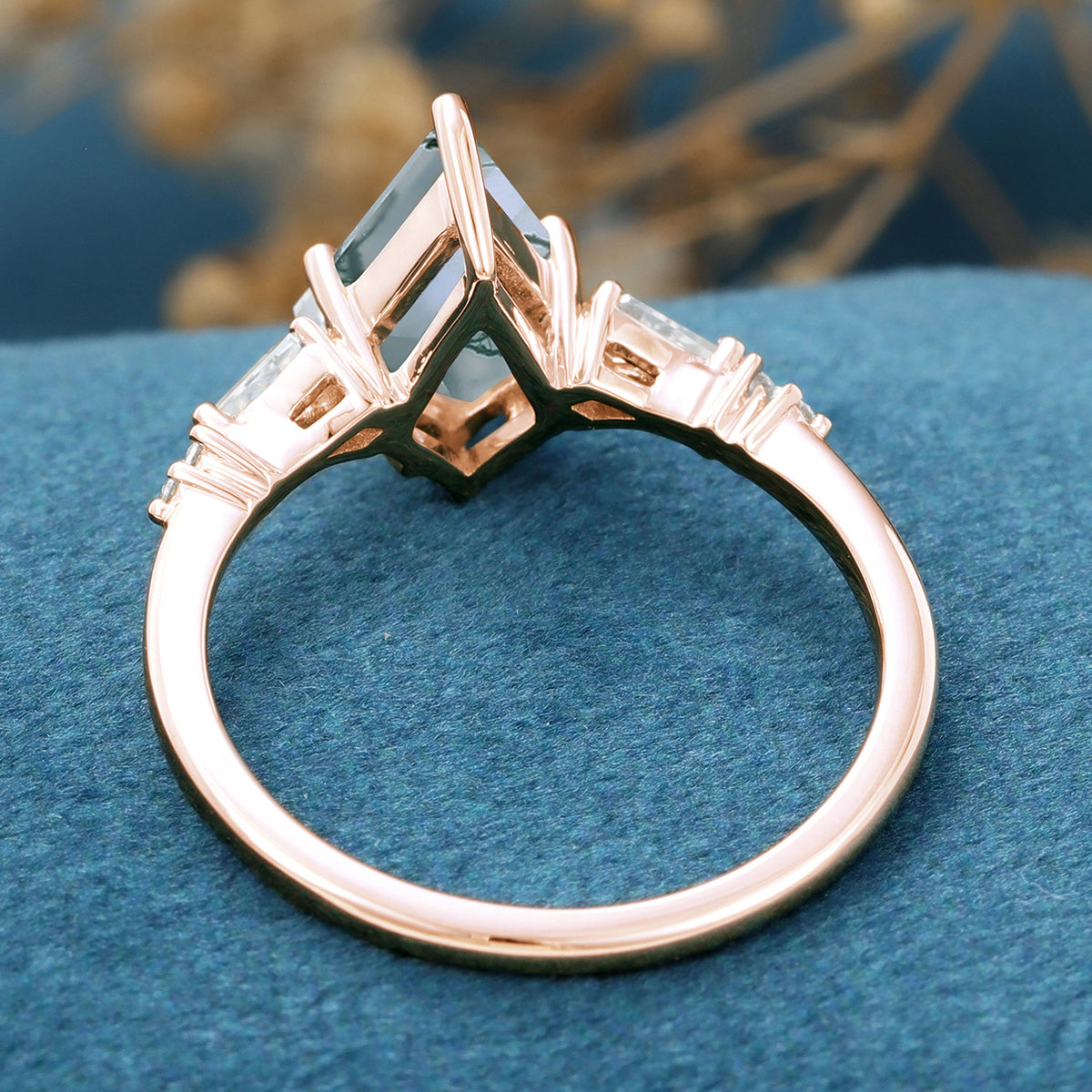 Kite Cut Natural Green Moss Agate Engagement Ring
