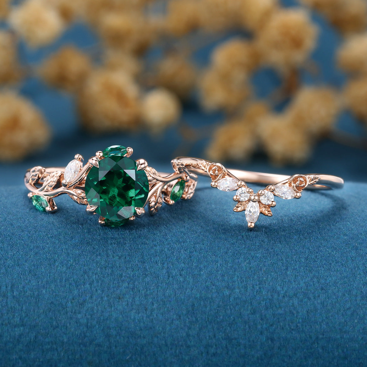Vintage Round cut Lab Emerald Wedding Bridal set
