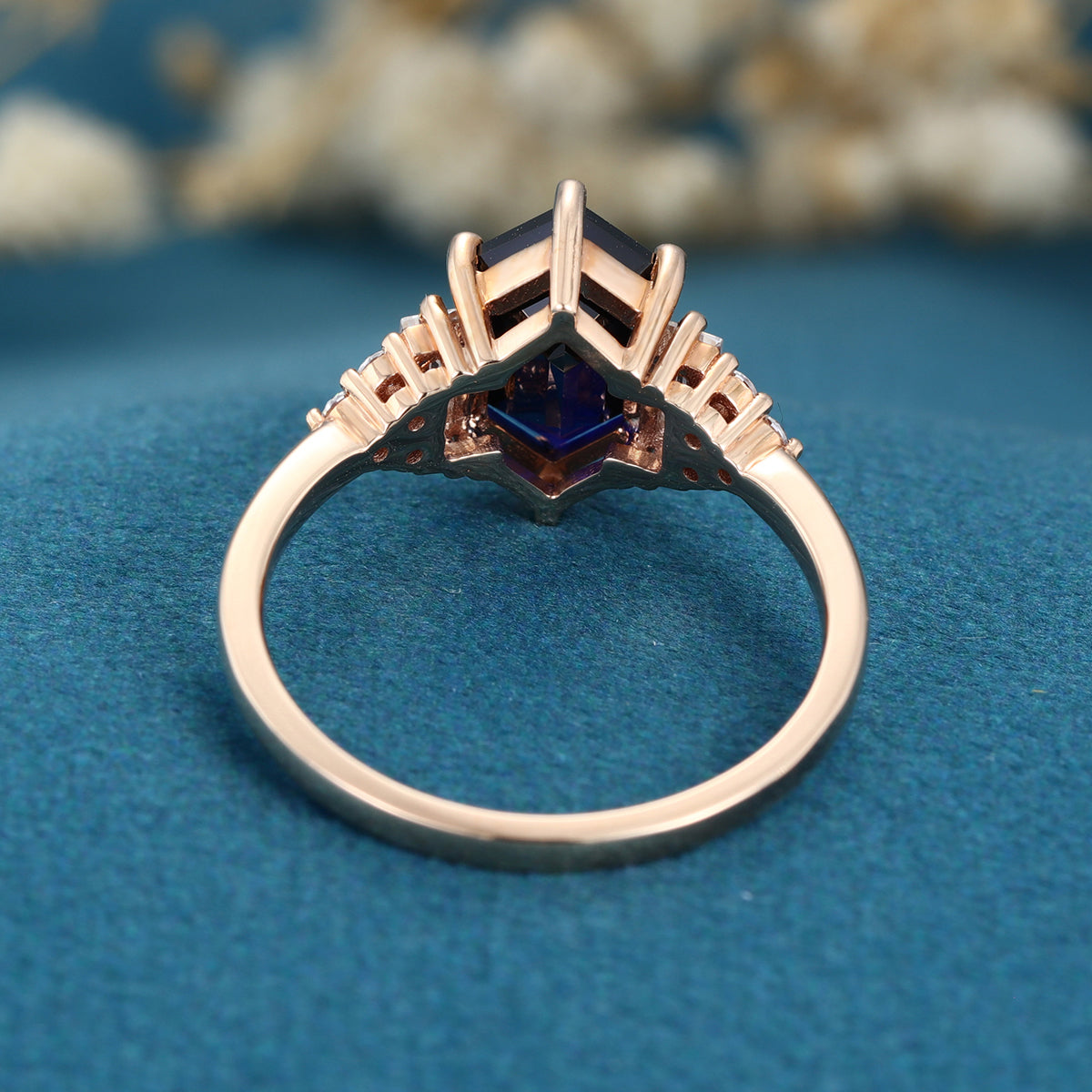 Hexagon cut Lab Blue Sapphire Solid Gold Engagement Ring