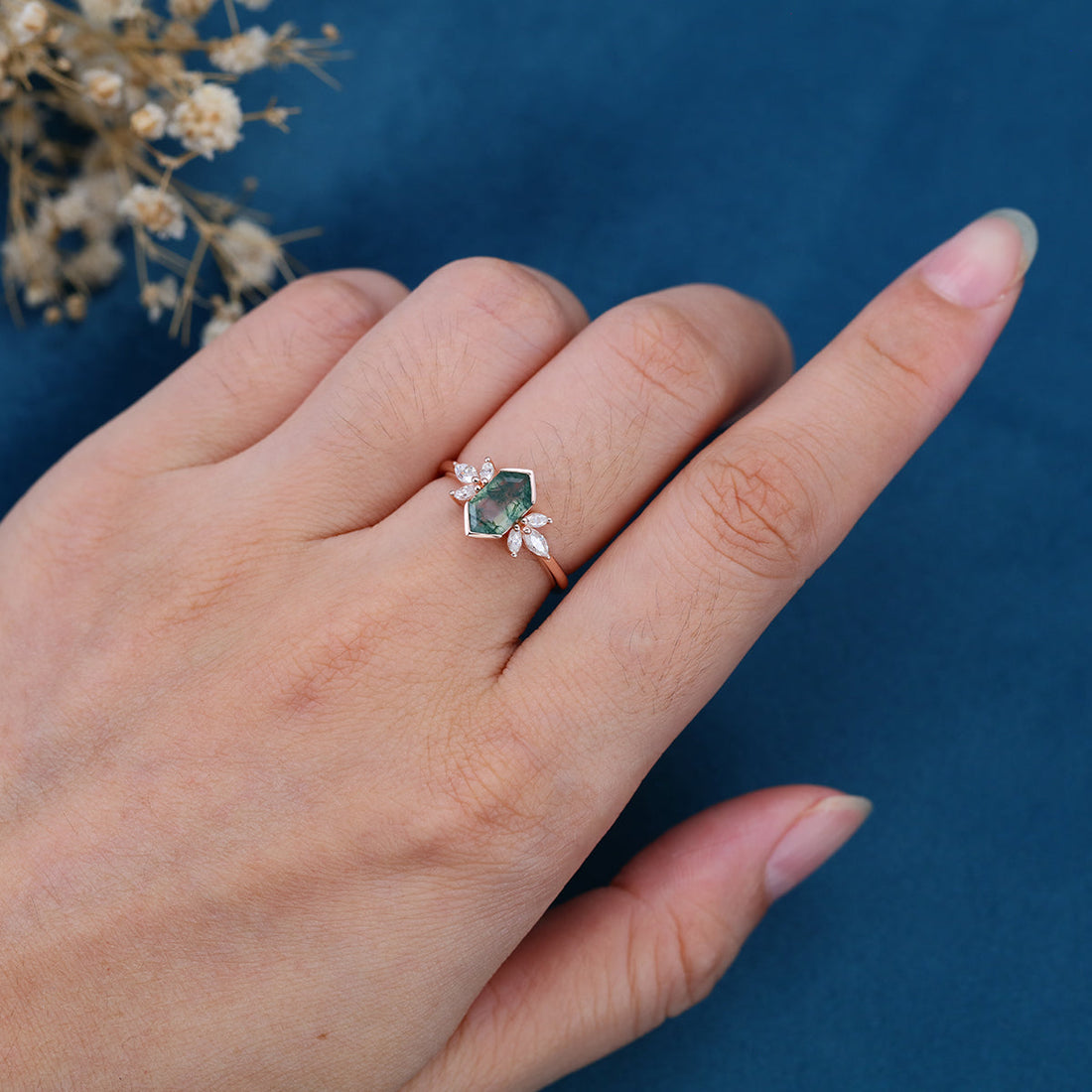 Bezel setting Hexagon cut Moss agate Solid Gold Engagement Ring