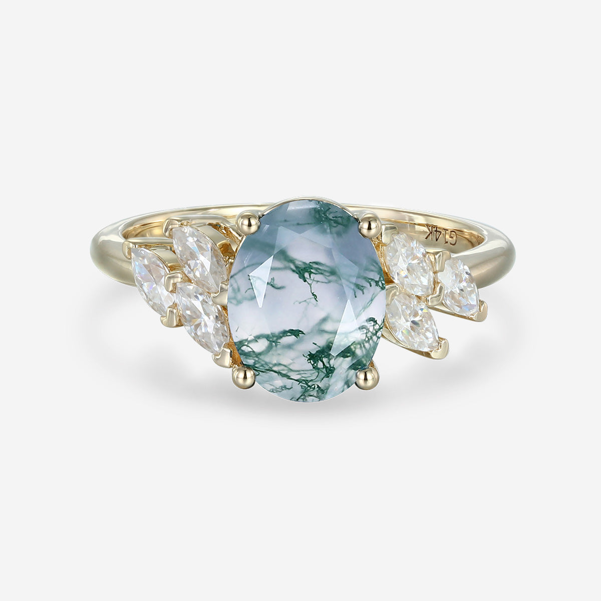 Oval Cut Natural Green Moss Agate Cluster Engagement Ring