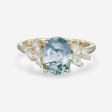 Oval Cut Natural Green Moss Agate Cluster Engagement Ring