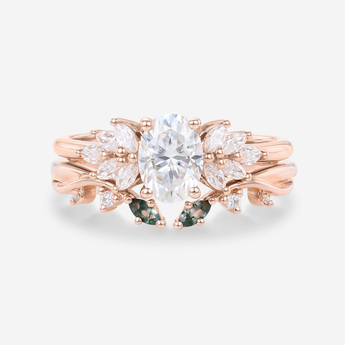 Oval cut 1.0 Carat Lab-Grown Diamond+Moss agate Wedding Bridal set