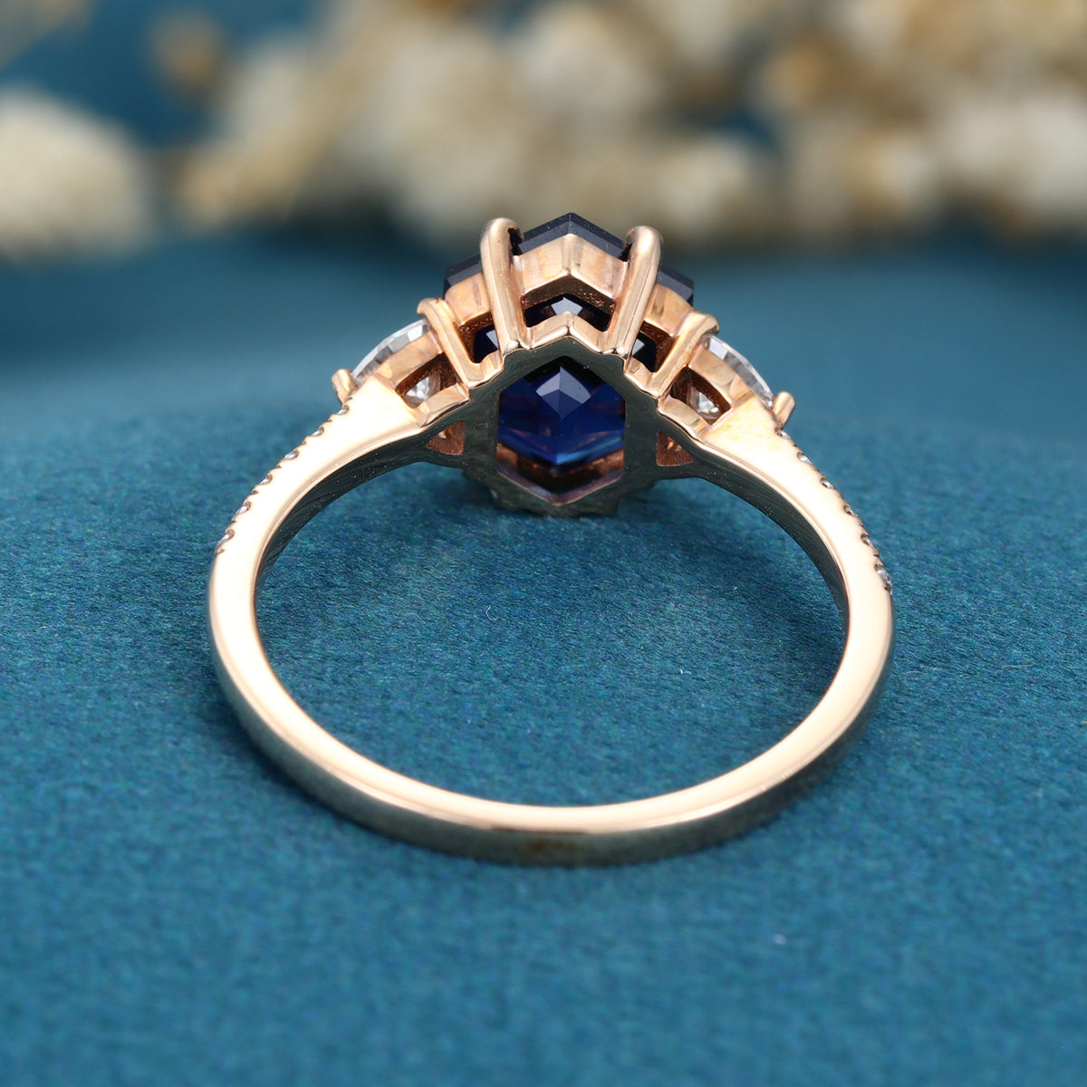 Hexagon cut Lab Blue Sapphire Solid Gold Engagement Ring