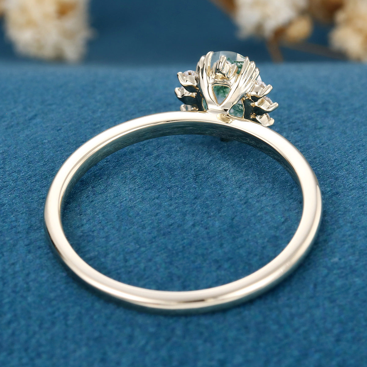 Natural Green Moss Agate Oval cut cluster Engagement Ring