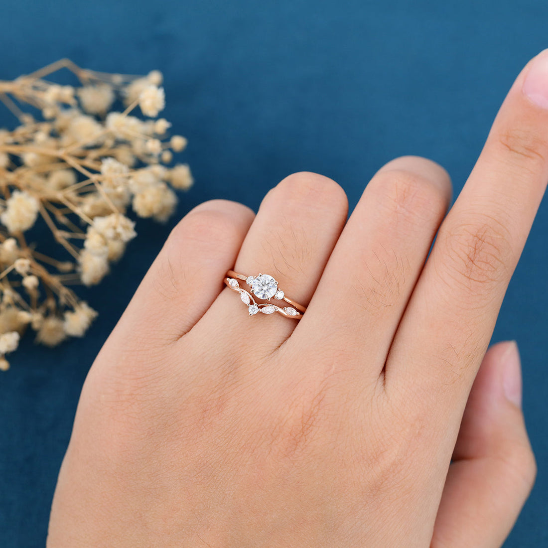 Round cut Moissanite Engagement ring White gold Diamond Wedding Bridal Set
