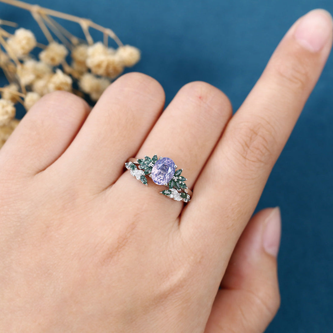 Vintage Oval cut Lavender Amethyst  + Moss agate Wedding Bridal Set