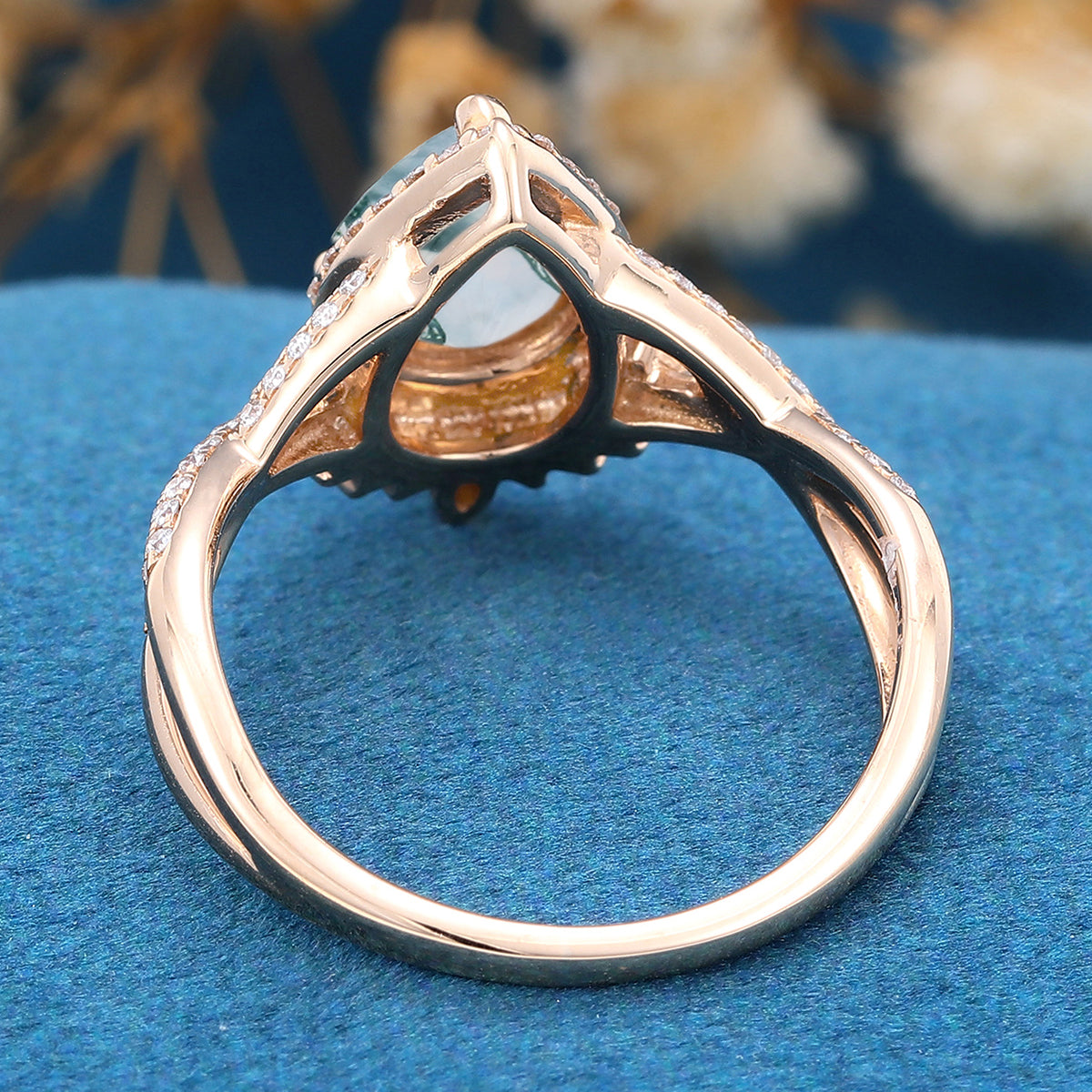 Pear Cut Natural Green Moss Agate Cluster Engagement Ring