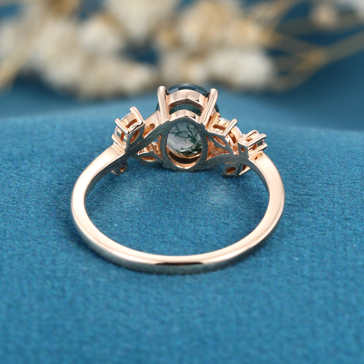 Oval cut Moss Agate + Diamonds Solid Gold Engagement Ring