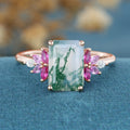 Radiant Cut Natural Green Moss Agate Cluster Engagement Ring