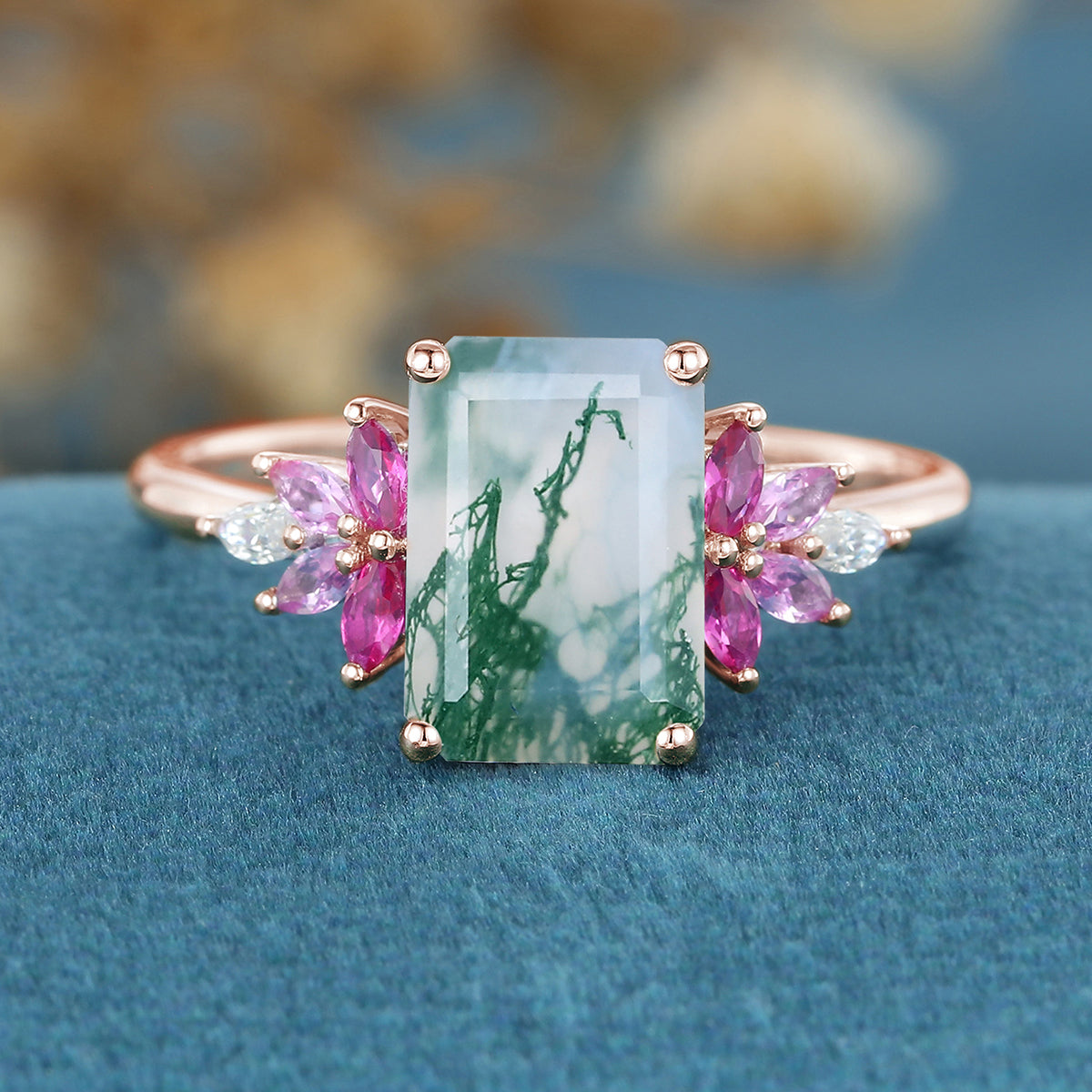 Radiant Cut Natural Green Moss Agate Cluster Engagement Ring