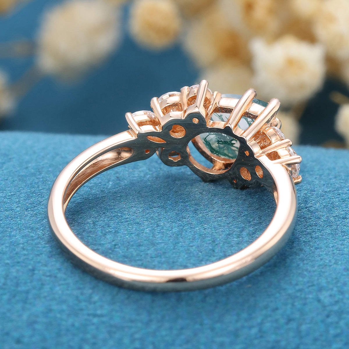 Pear Cut Natural Green Moss Agate Cluster Engagement Ring