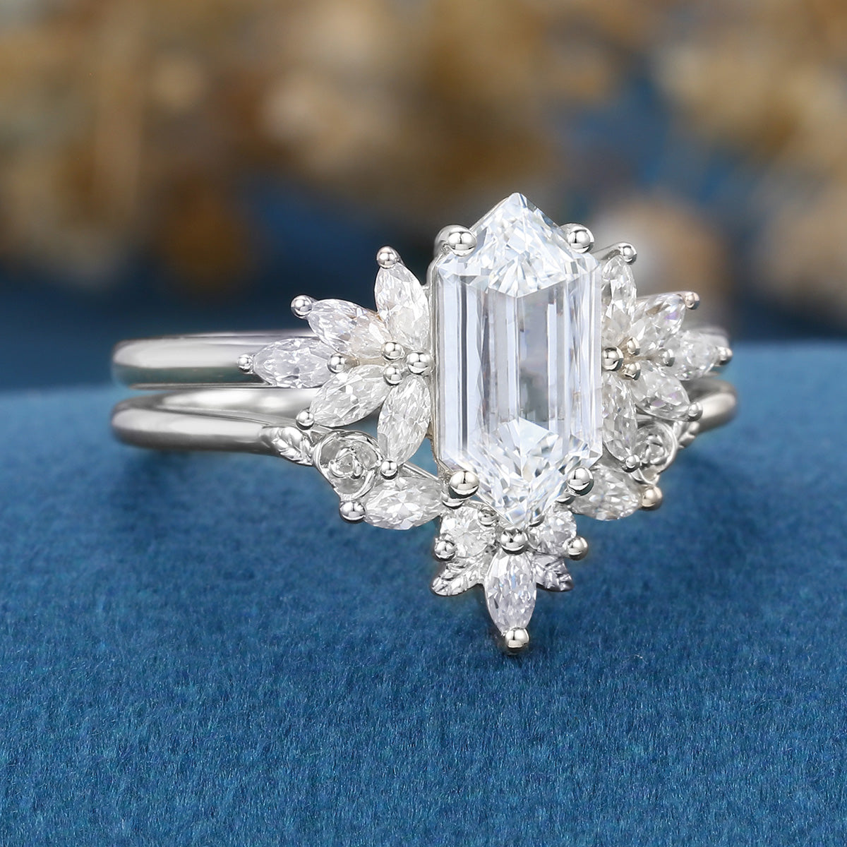 Long Hexagon cut Lab-Grown Diamond Wedding Bridal Set
