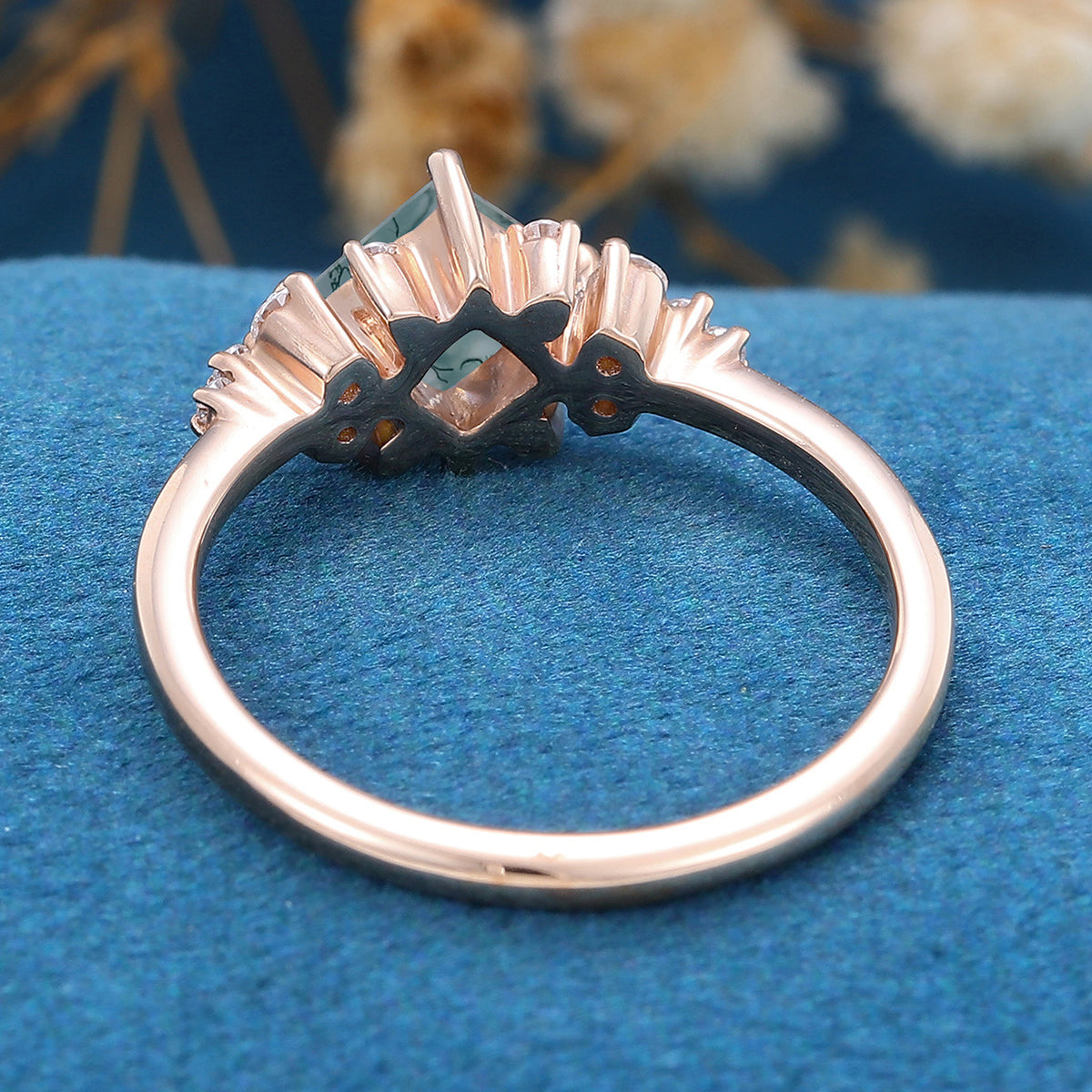 Princess Square  Cut Natural Green Moss Agate Cluster Engagement Ring