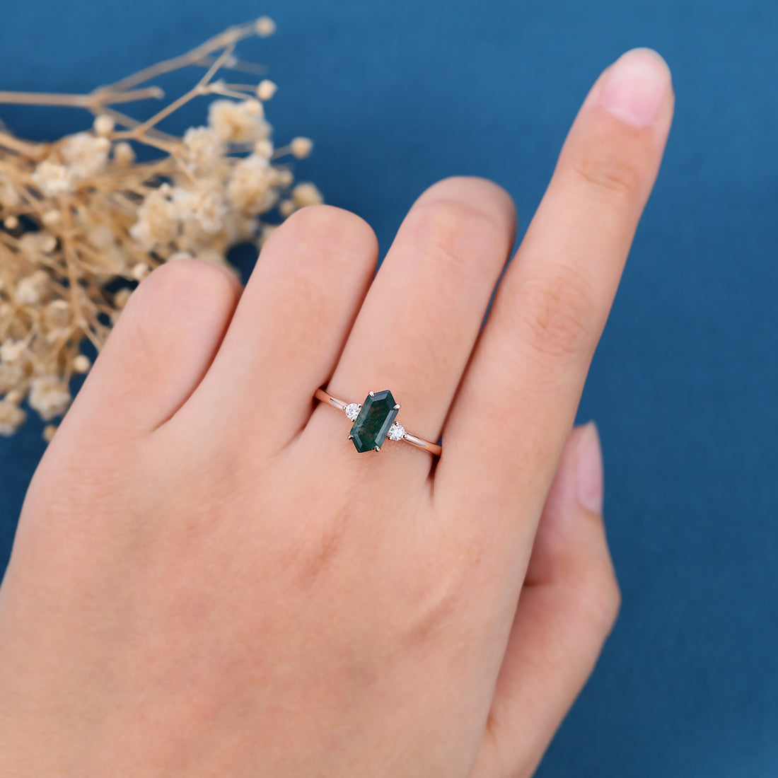 Long Hexagon cut Moss Agate Matching Moissanite | Diamonds Engagement ring