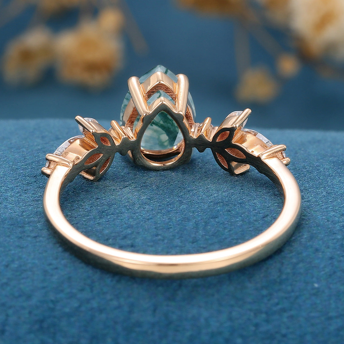 Pear Cut Natural Green Moss Agate Cluster Engagement Ring