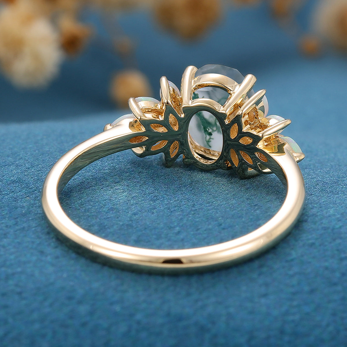 Oval Cut Natural Green Moss Agate Cluster Engagement Ring