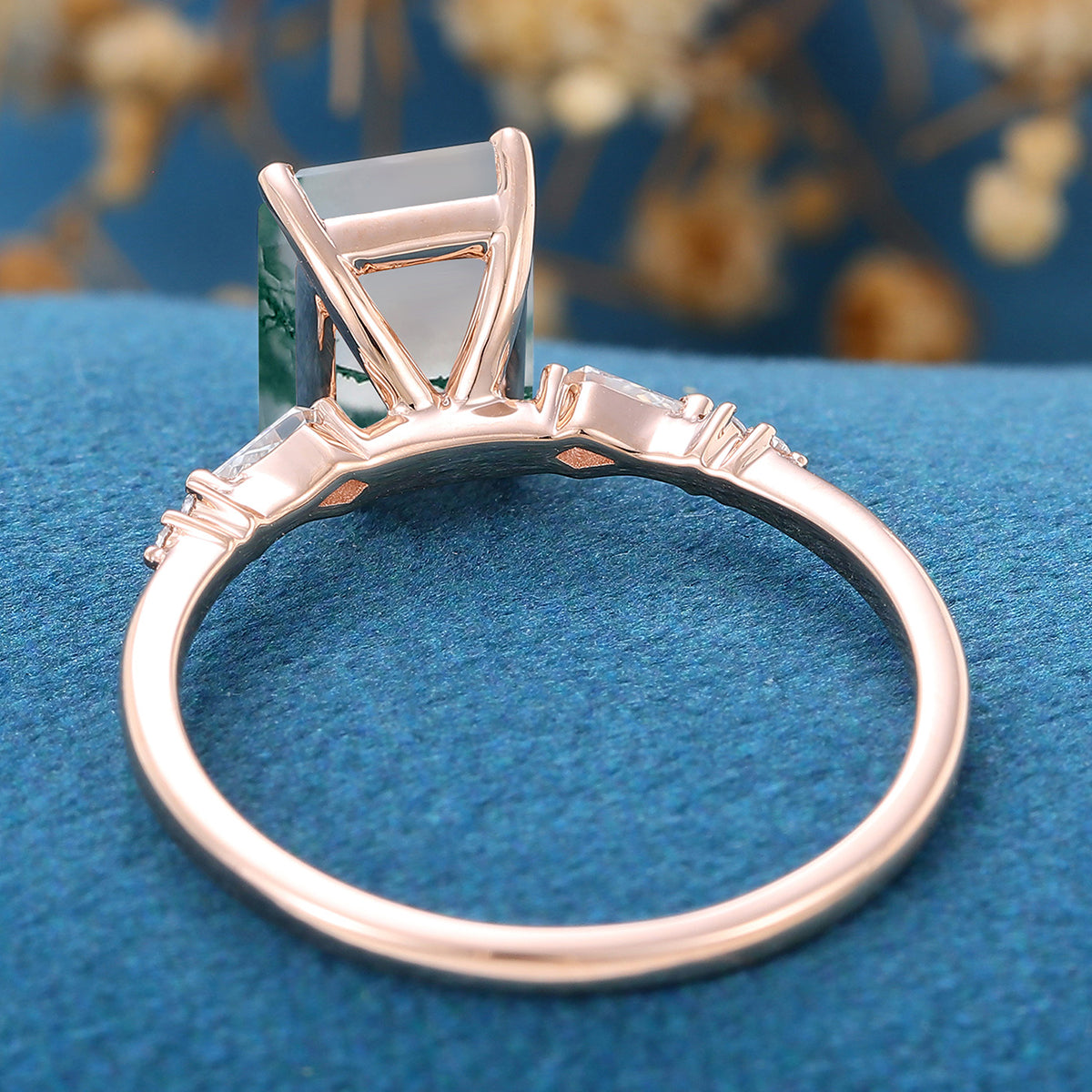 Emerald Cut Natural Green Moss Agate Cluster Engagement Ring