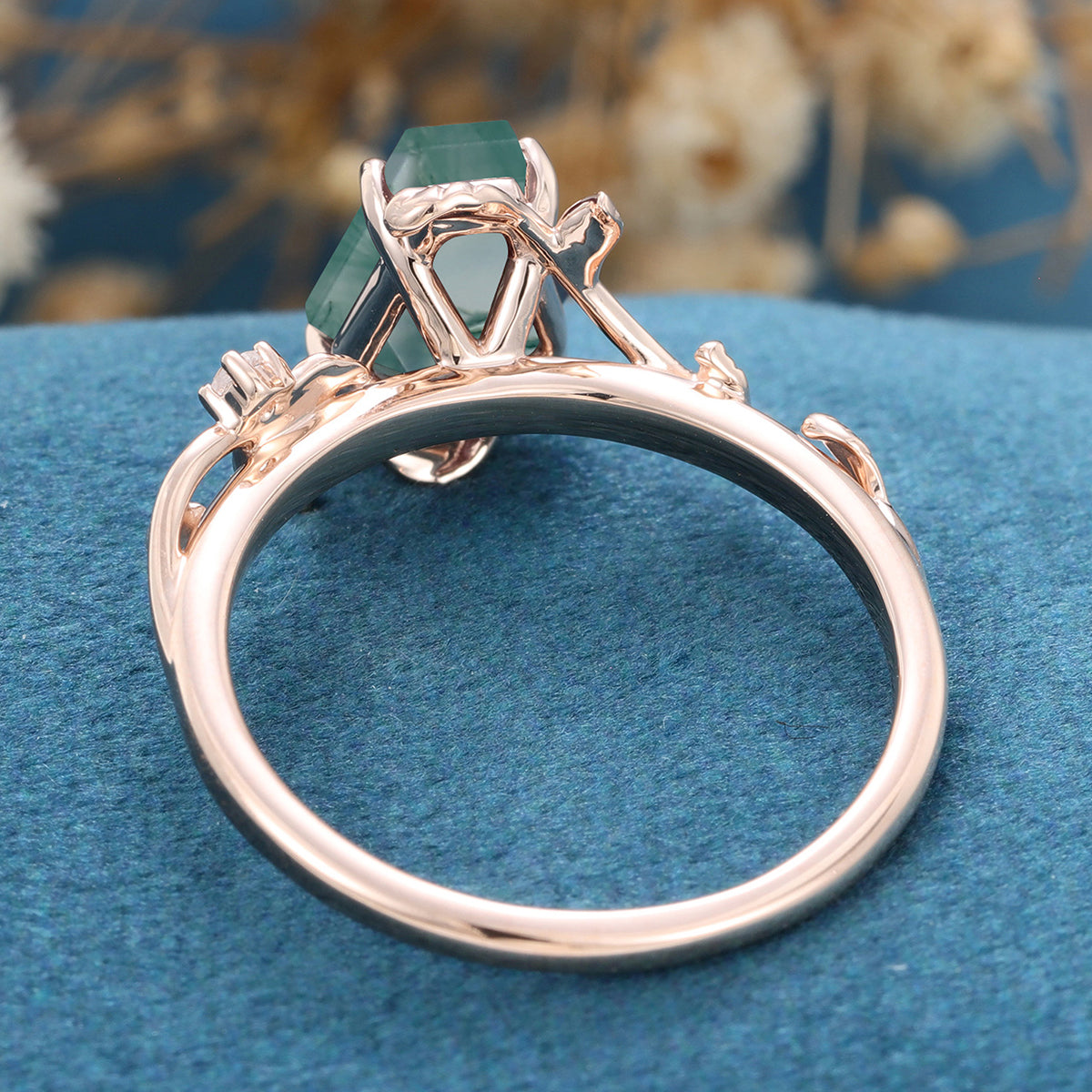 Coffin Cut Natural Green Moss Agate  Engagement Ring
