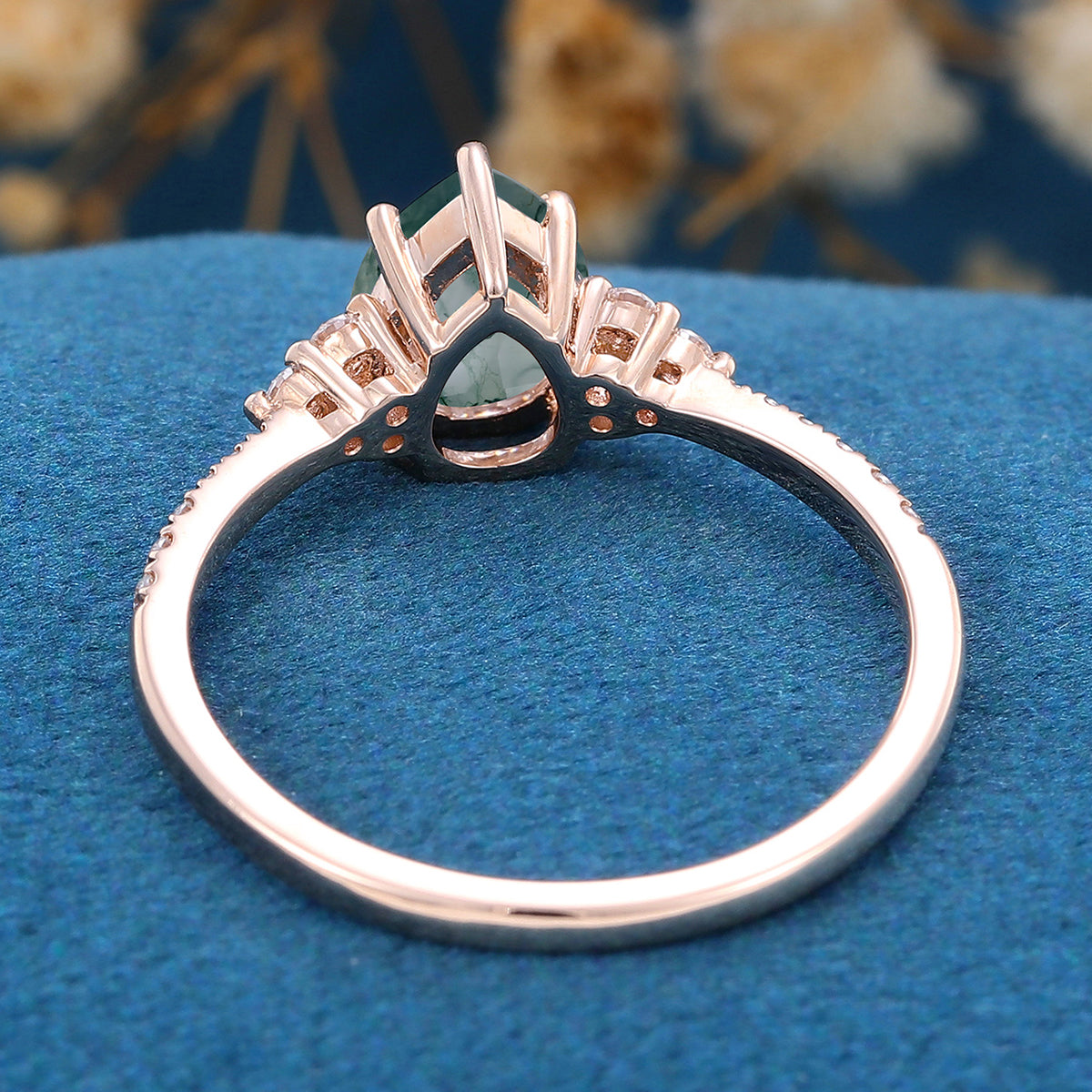Pear Cut Natural Green Moss Agate Cluster Engagement Ring