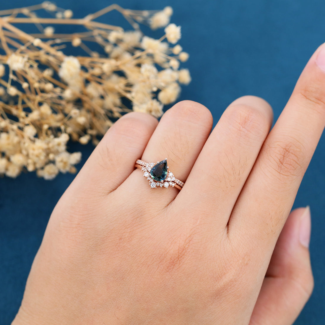 Pear Cut Blue Green Sapphire Matching Moissanite | Diamonds Gold Bridal Set