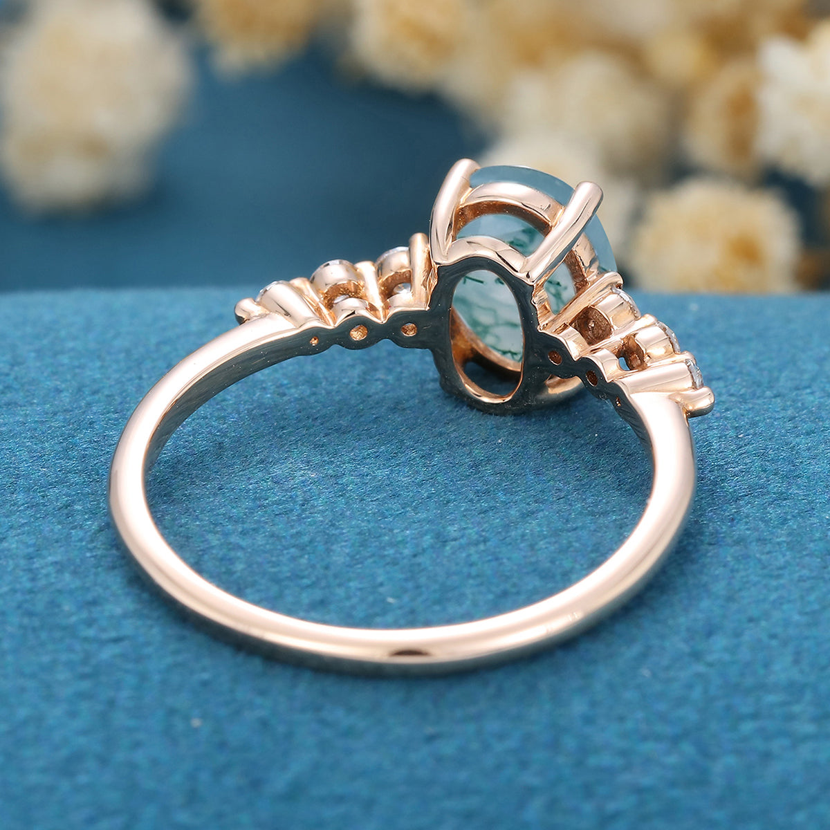 Oval Cut Natural Green Moss Agate Cluster Engagement Ring