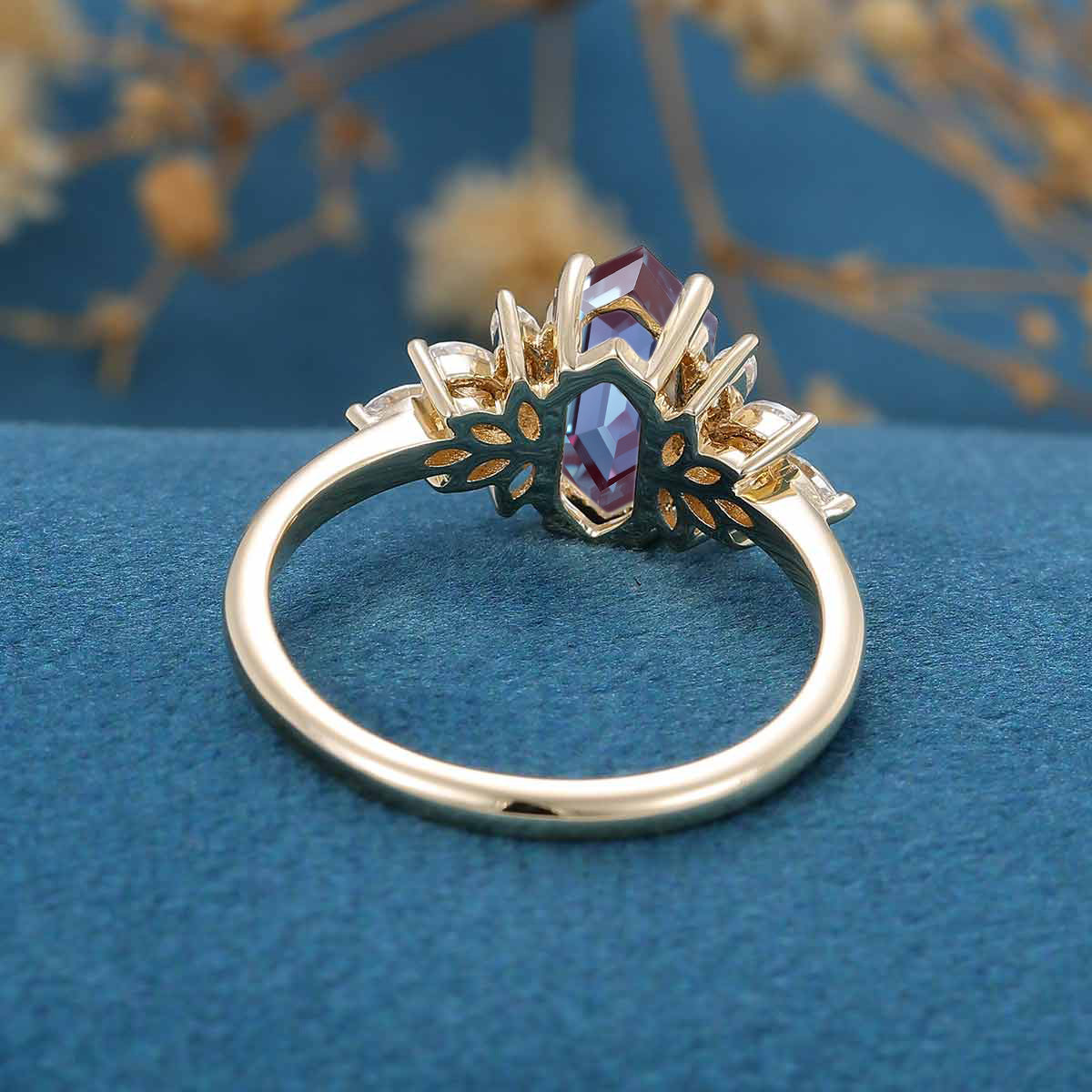 Long Hexagon cut Alexandrite Engagement ring