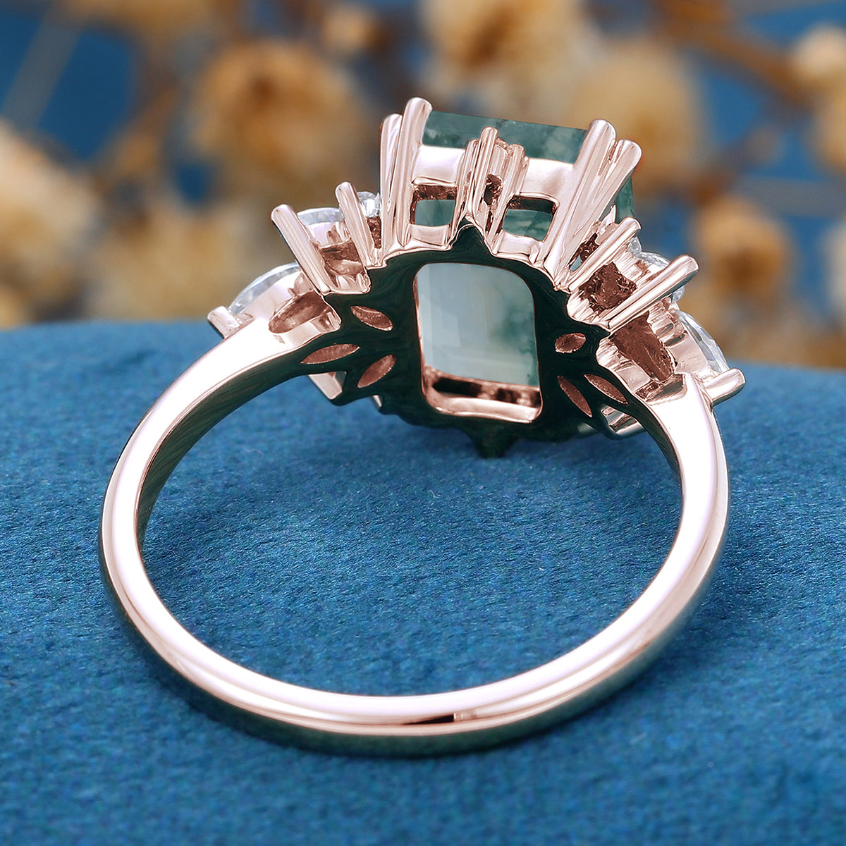 Emerald Cut Natural Green Moss Agate Cluster Engagement Ring