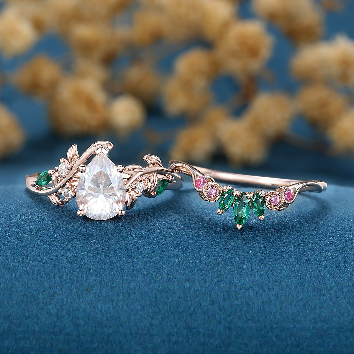 Pear Moissanite Engagement ring + Pink Sapphire | Lab Emerald Curved Wedding bridal set