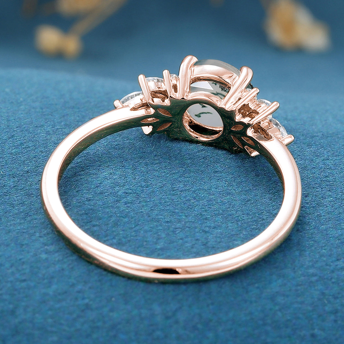 Round Cut Natural Green Moss Agate Cluster Engagement Ring