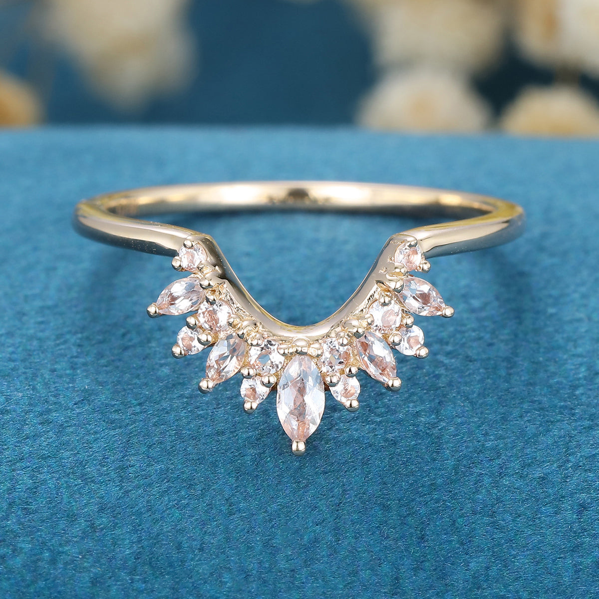 Marquise cut moonstone | Round Diamond Curved Wedding Band Ring